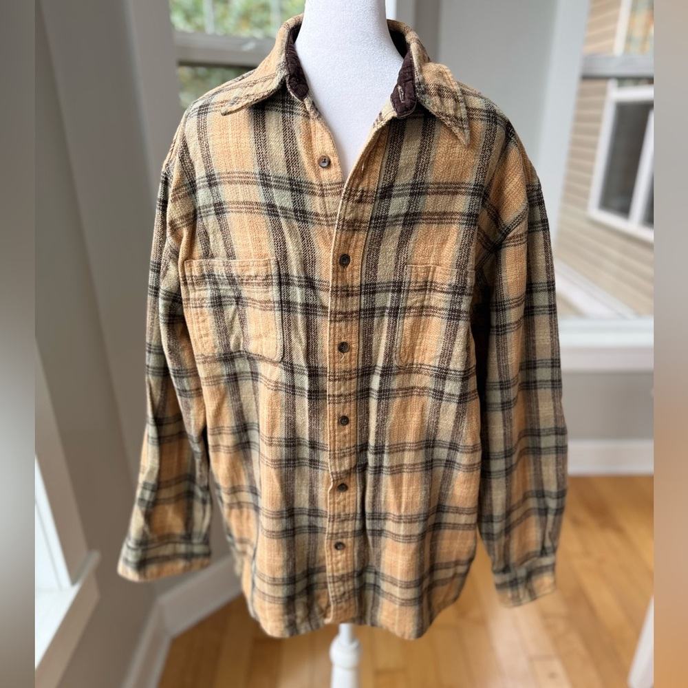 St. John’s Bay Tan Plaid Cotton Flannel Corduroy Trim Shacket Shirt Large Tall